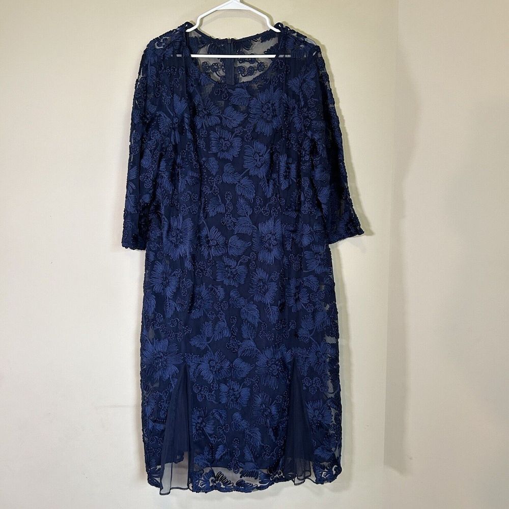 Alex Evenings Women's Tea Length Embroidered Dress with Illusion Sleeves 22W - Picture 4 of 16